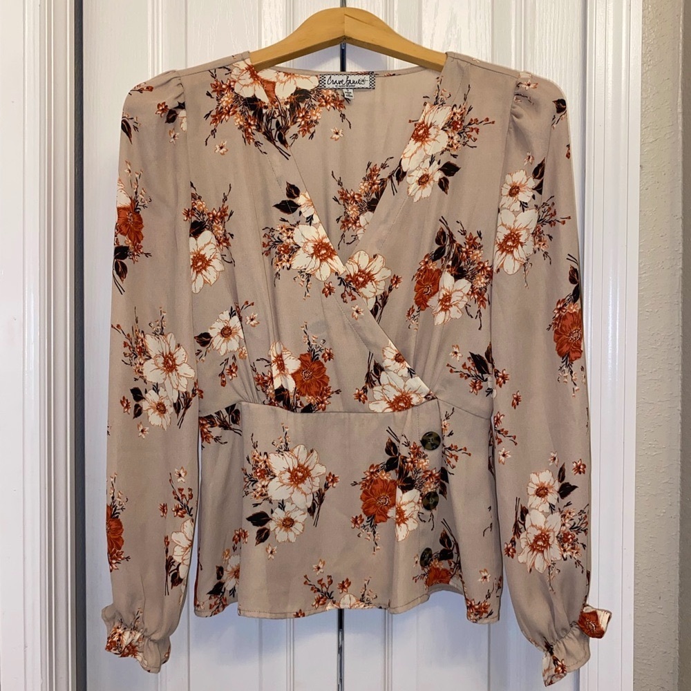Crave Fame Cream and Orange Floral Wrap Blouse with Long Sleeves and V-Neck